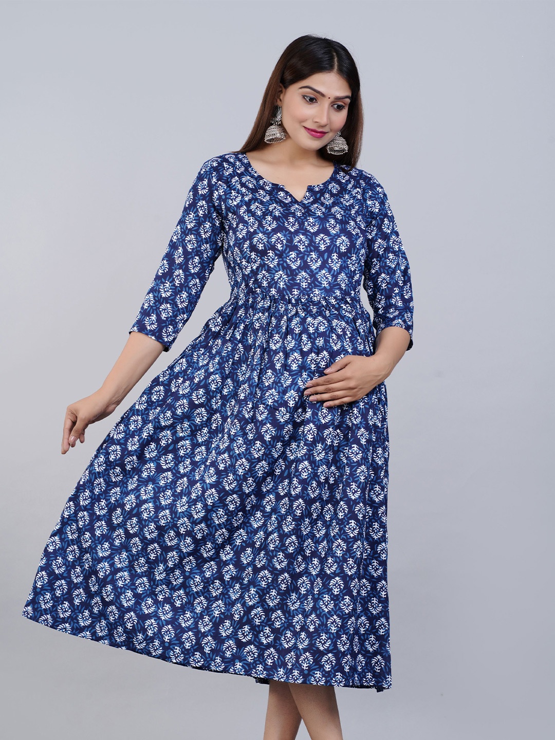 

KALINI Blue Ethnic Motifs Maternity Midi Dress