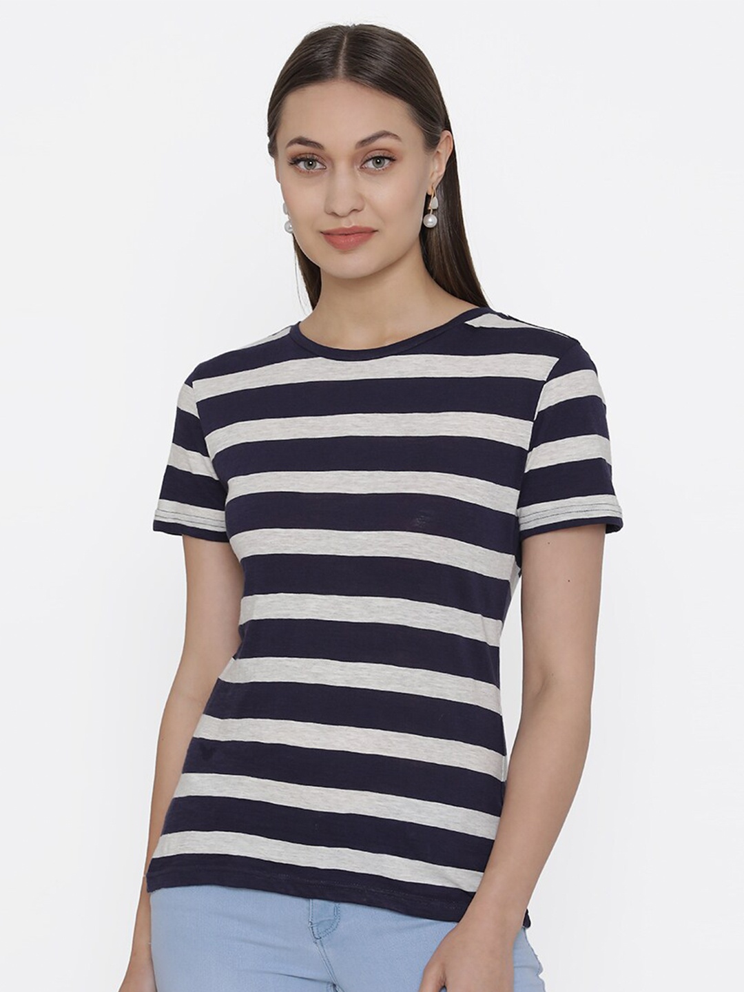 

DOOR74 Women Navy Blue & Grey Striped Cotton T-shirt
