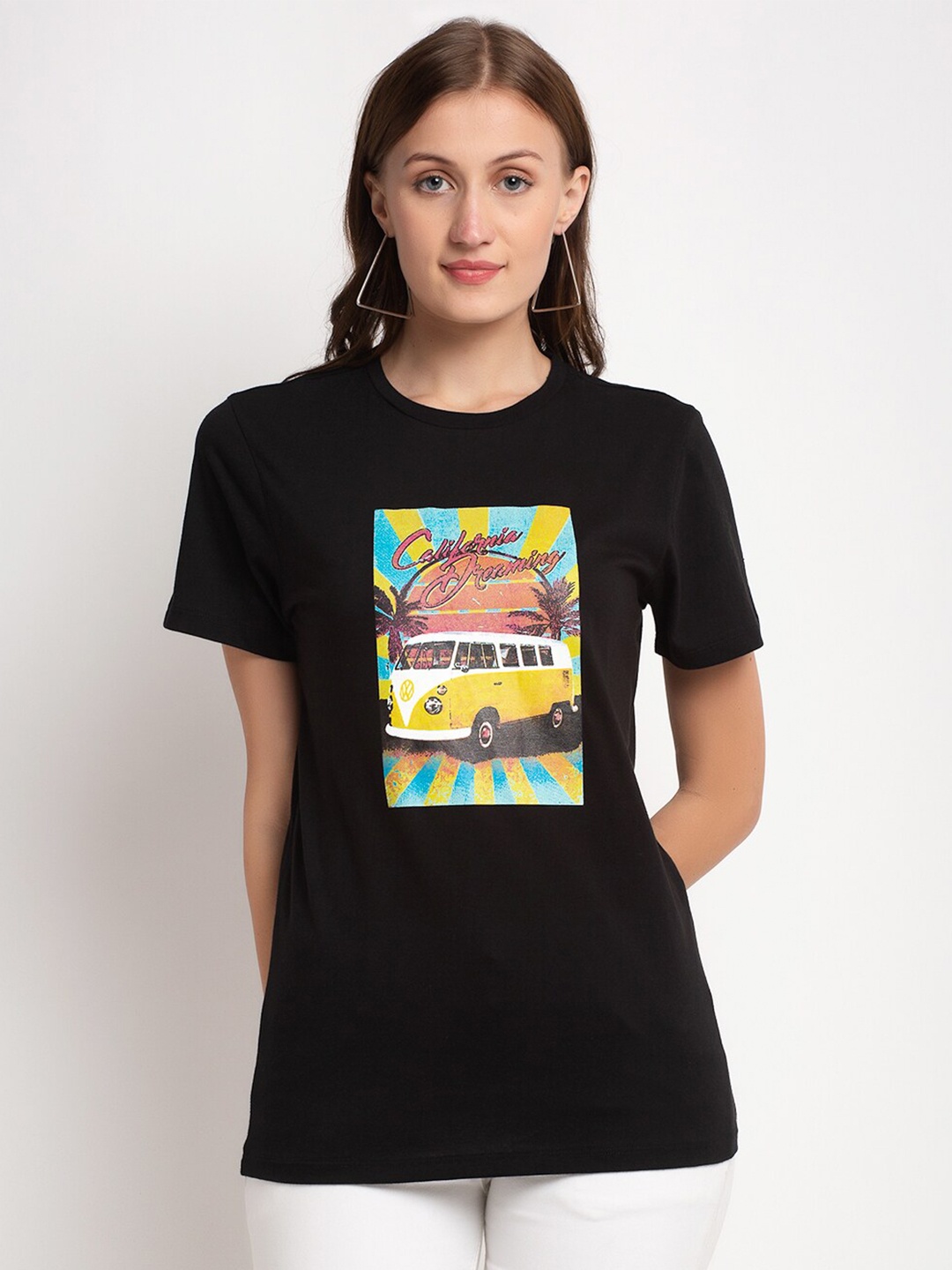 

DOOR74 Women Black Printed C ottonT-shirt