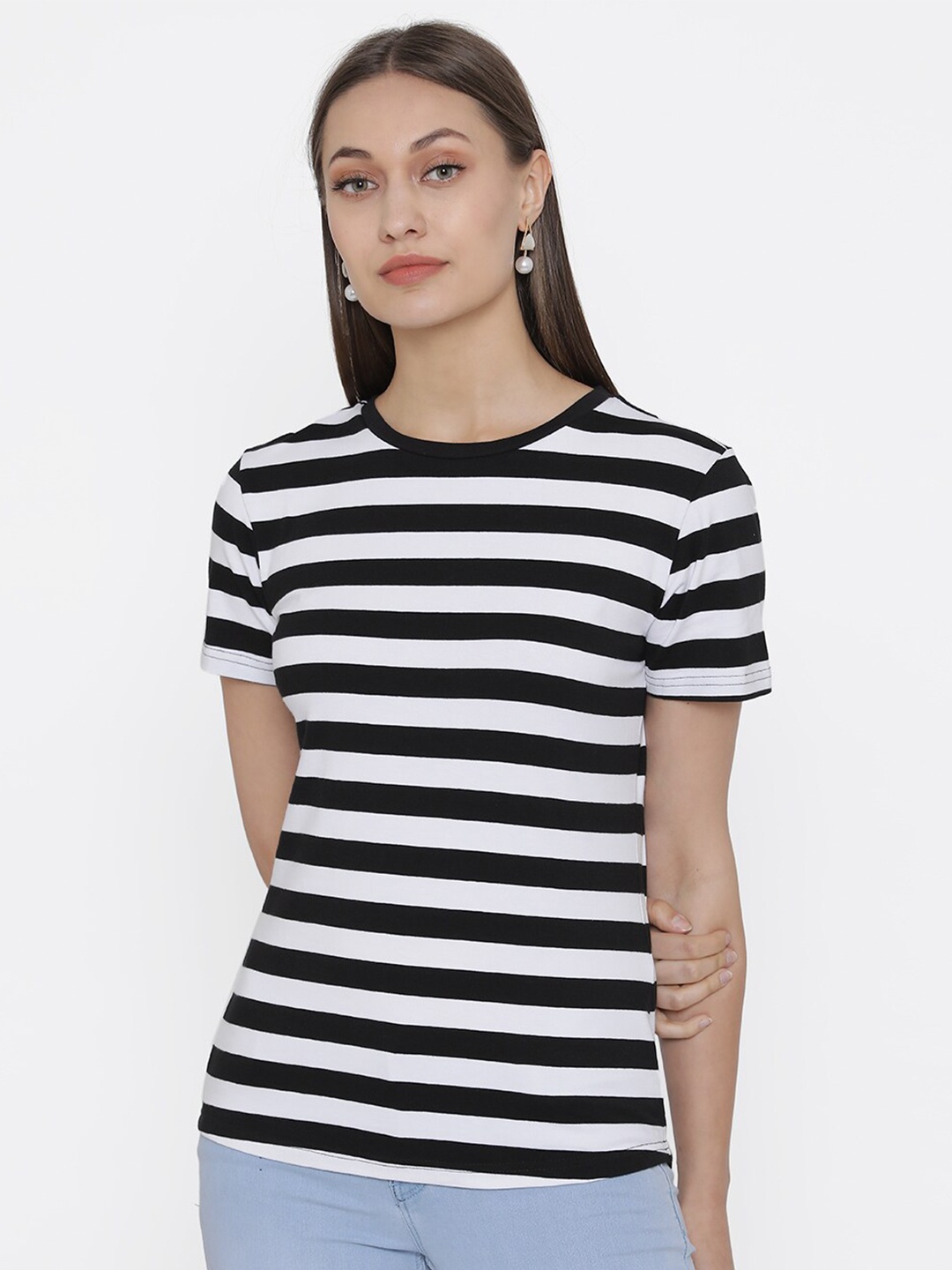 

DOOR74 Women Black & White Striped Cotton T-shirt