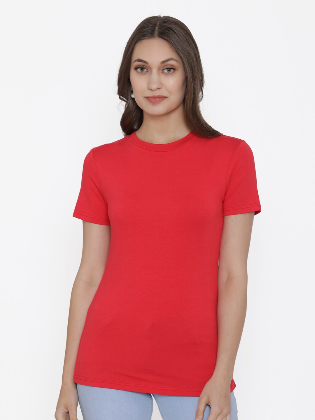 

DOOR74 Women Red Cotton T-shirt