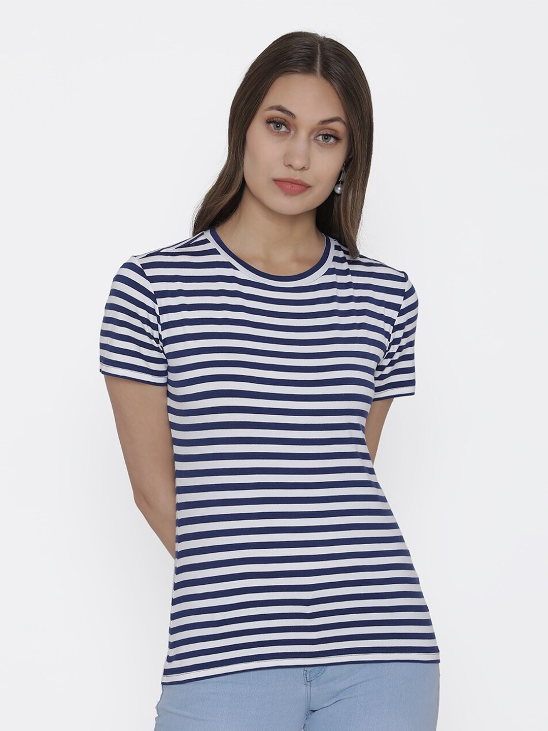 

DOOR74 Women Navy Blue & Off White Striped T-shirt