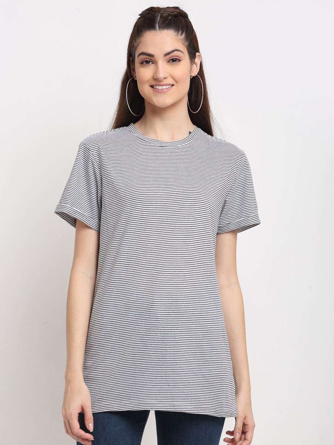 

DOOR74 Women Black & White Printed Pure Cotton T-shirt