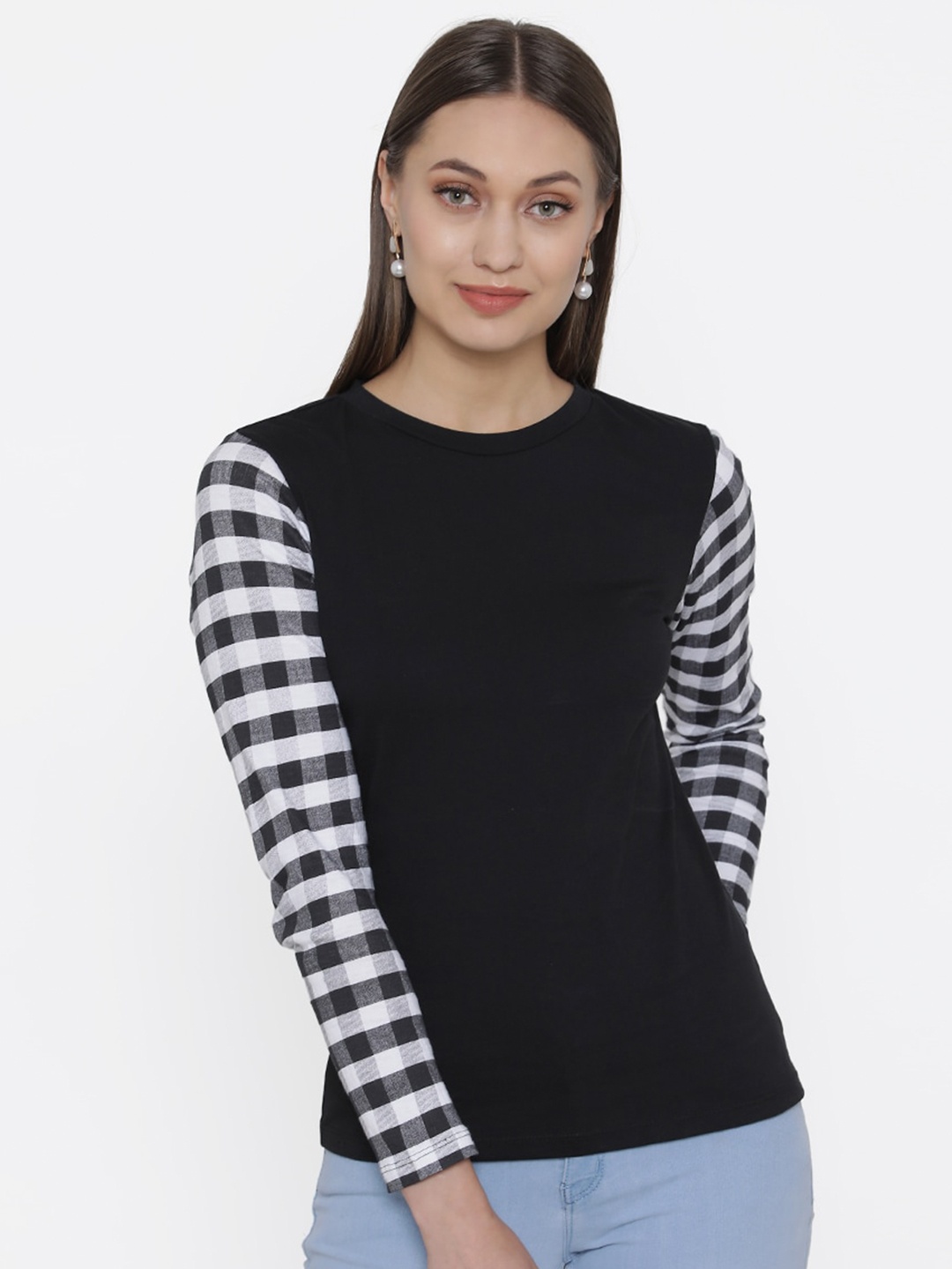 

DOOR74 Women Black & White Round Neck Cotton T-shirt