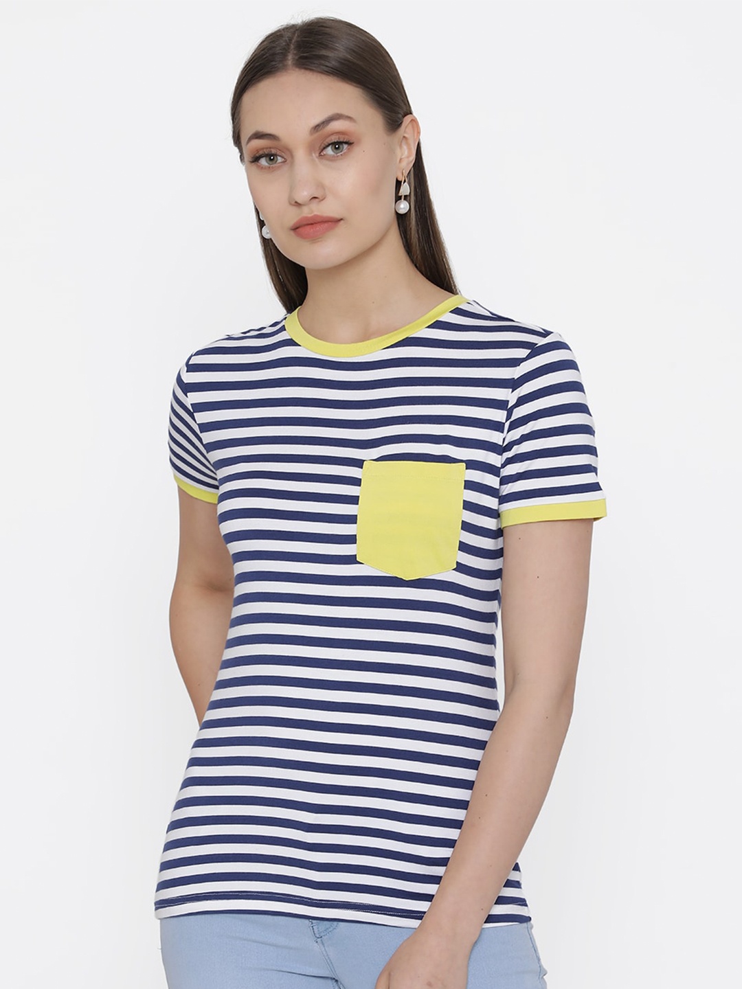 

DOOR74 Women Navy Blue & Yellow Striped Cotton T-shirt