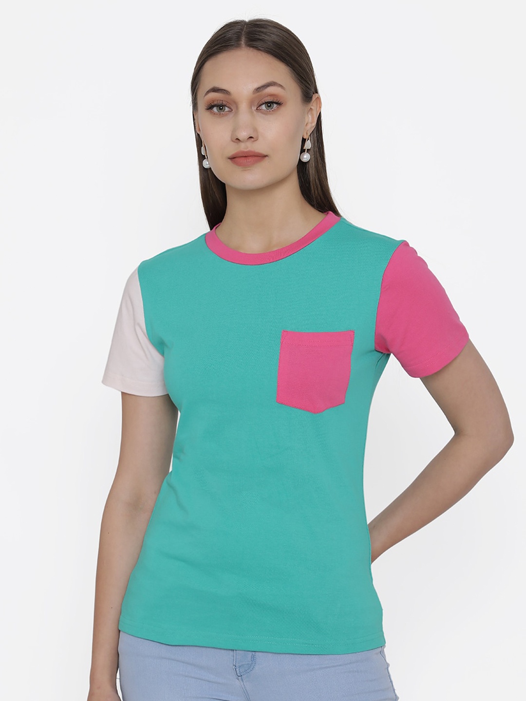 

DOOR74 Women Green & Pink Cotton T-shirt