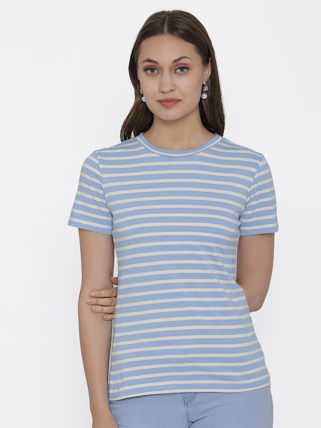 

DOOR74 Women Blue & White Striped Cotton T-shirt