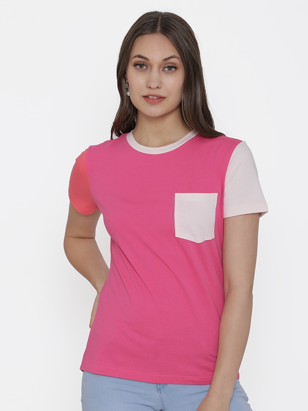 

DOOR74 Women Pink Cotton T-shirt