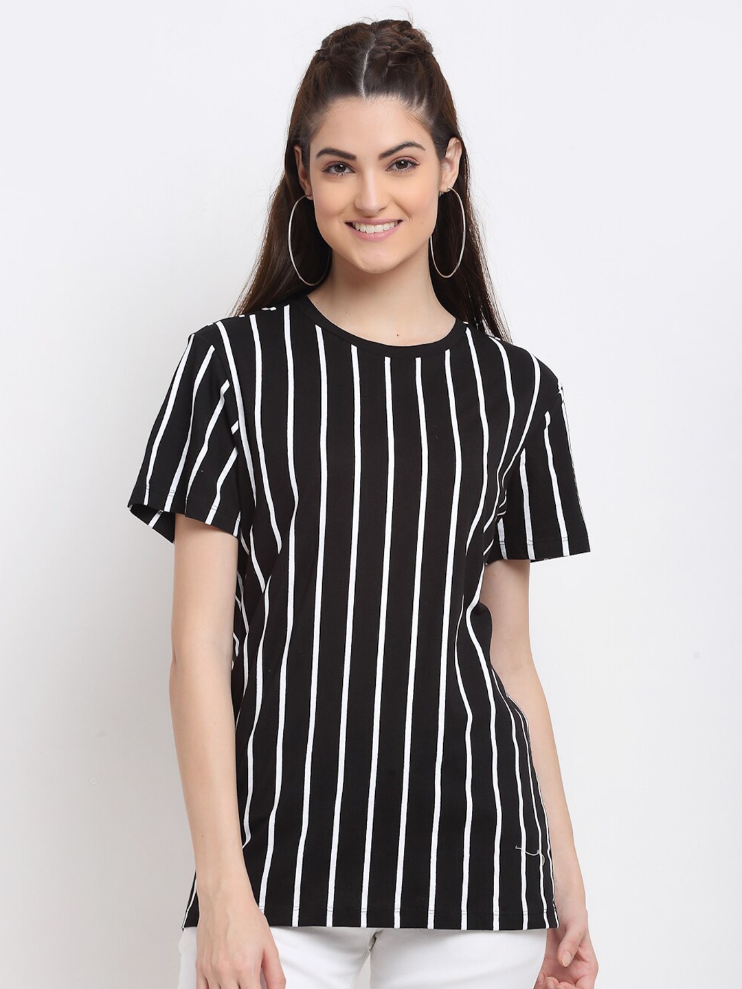 

DOOR74 Women Black & White Striped Cotton T-shirt