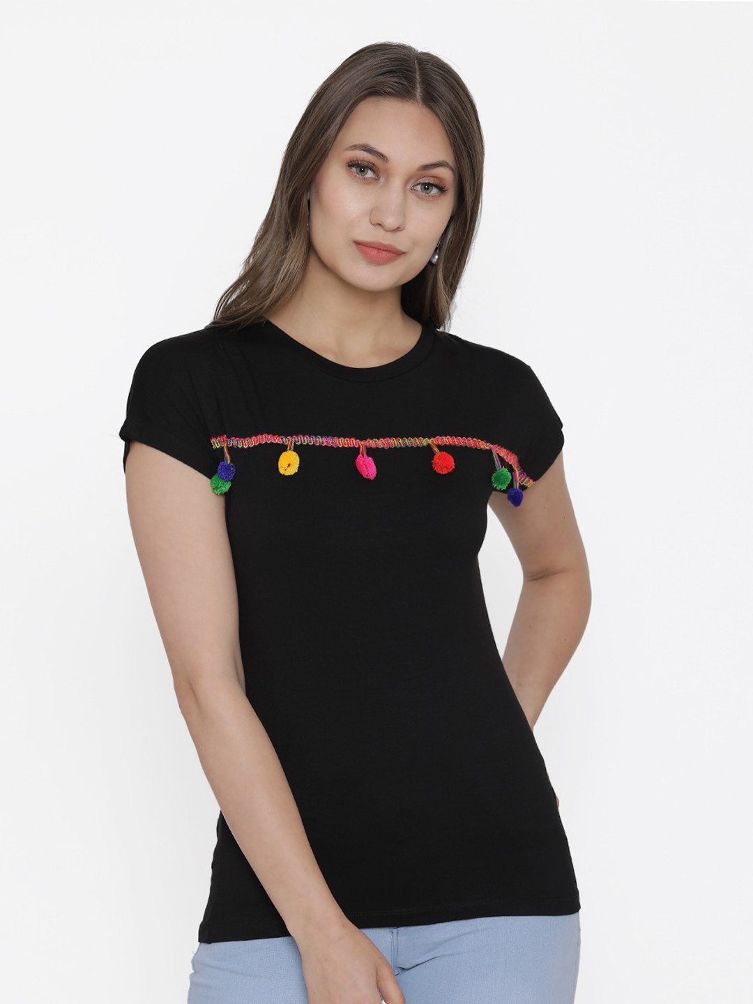 

DOOR74 Women Black Cotton T-shirt