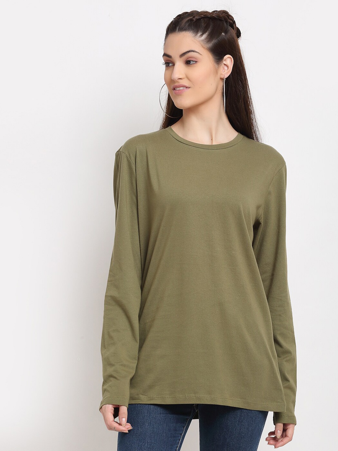 

DOOR74 Women Olive Green Cotton T-shirt