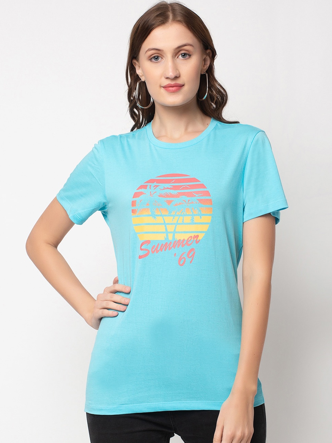 DOOR74 Women Blue Typography Printed Cotton T-shirt