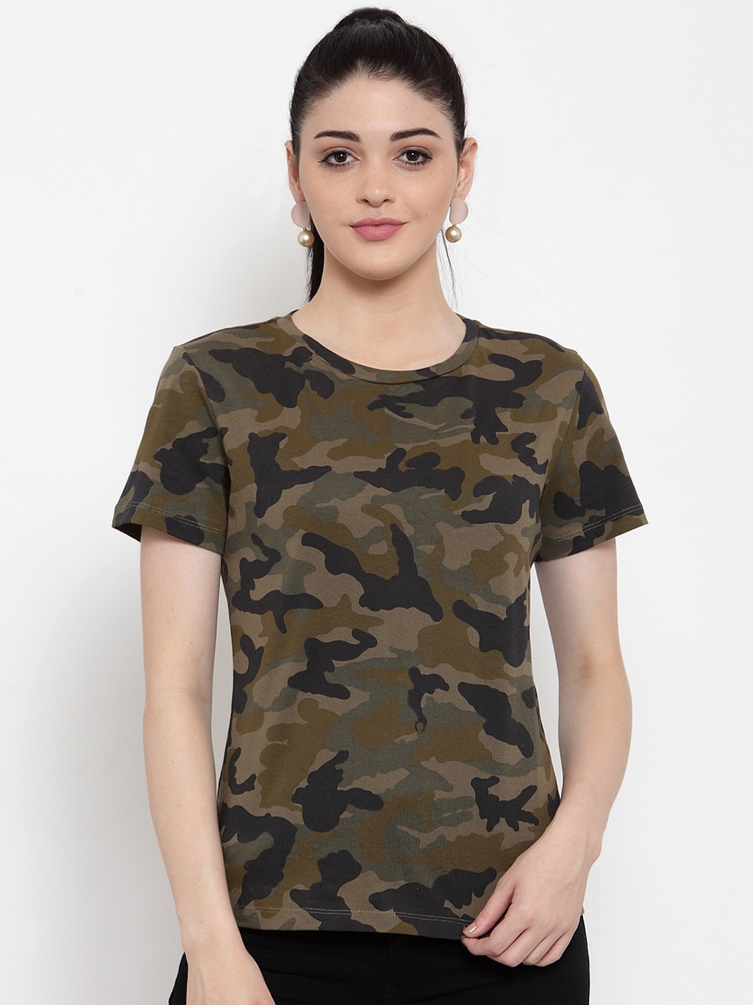 

DOOR74 Women Green & Black Camouflage Printed Cotton T-shirt