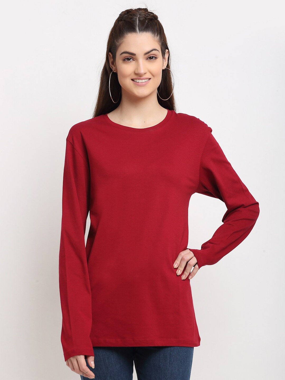 

DOOR74 Women Maroon Round Neck T-shirt