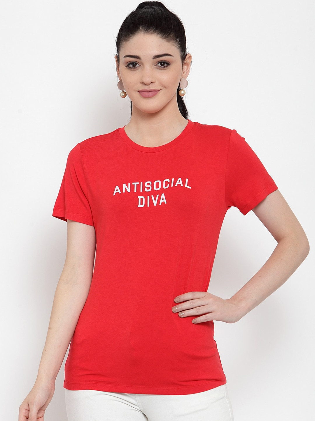 

DOOR74 Women Red Typography Printed Cotton T-shirt