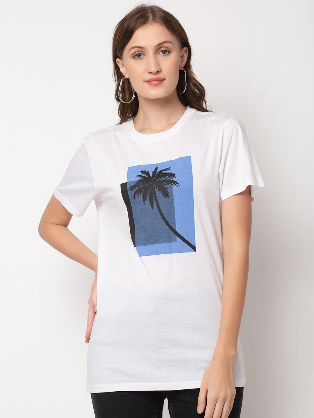 

DOOR74 Women White & Blue Printed Cotton T-shirt
