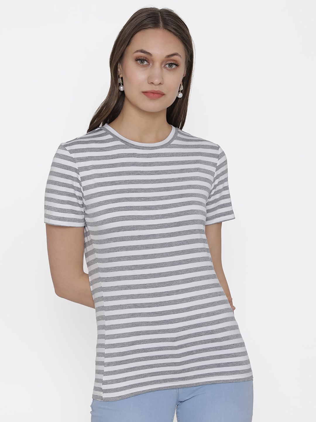

DOOR74 Women Grey & Off White Striped Cotton T-shirt