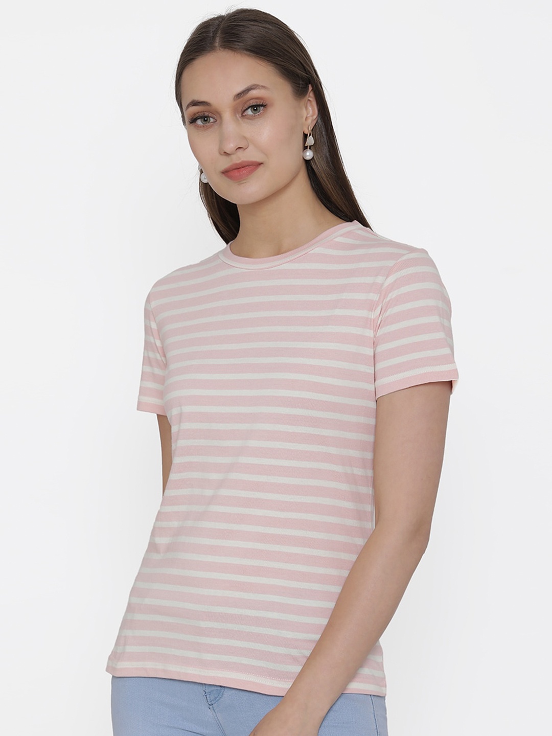 

DOOR74 Women Pink & White Striped Cotton T-shirt