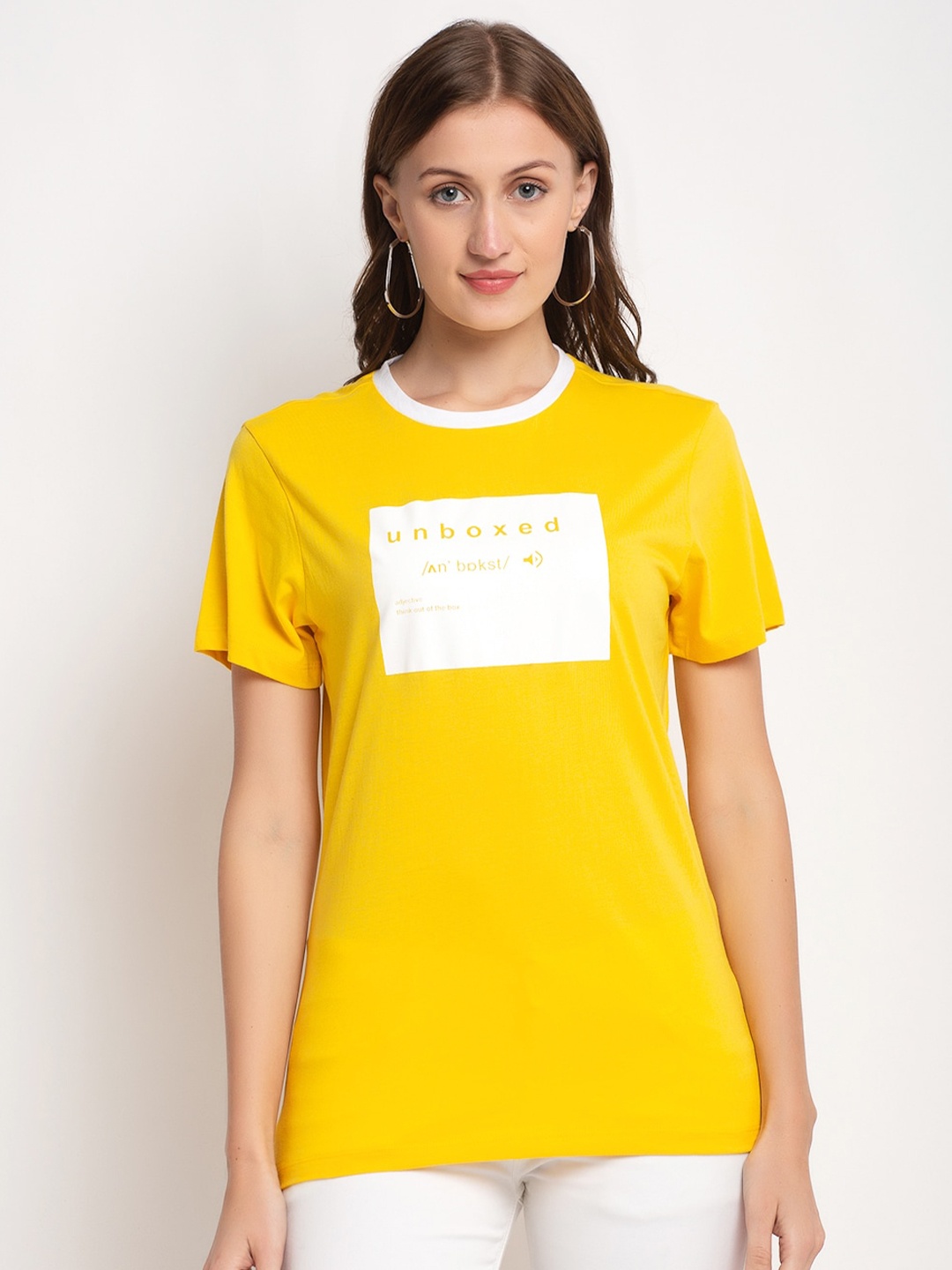 

DOOR74 Women Yellow Typography Printed Cotton T-shirt