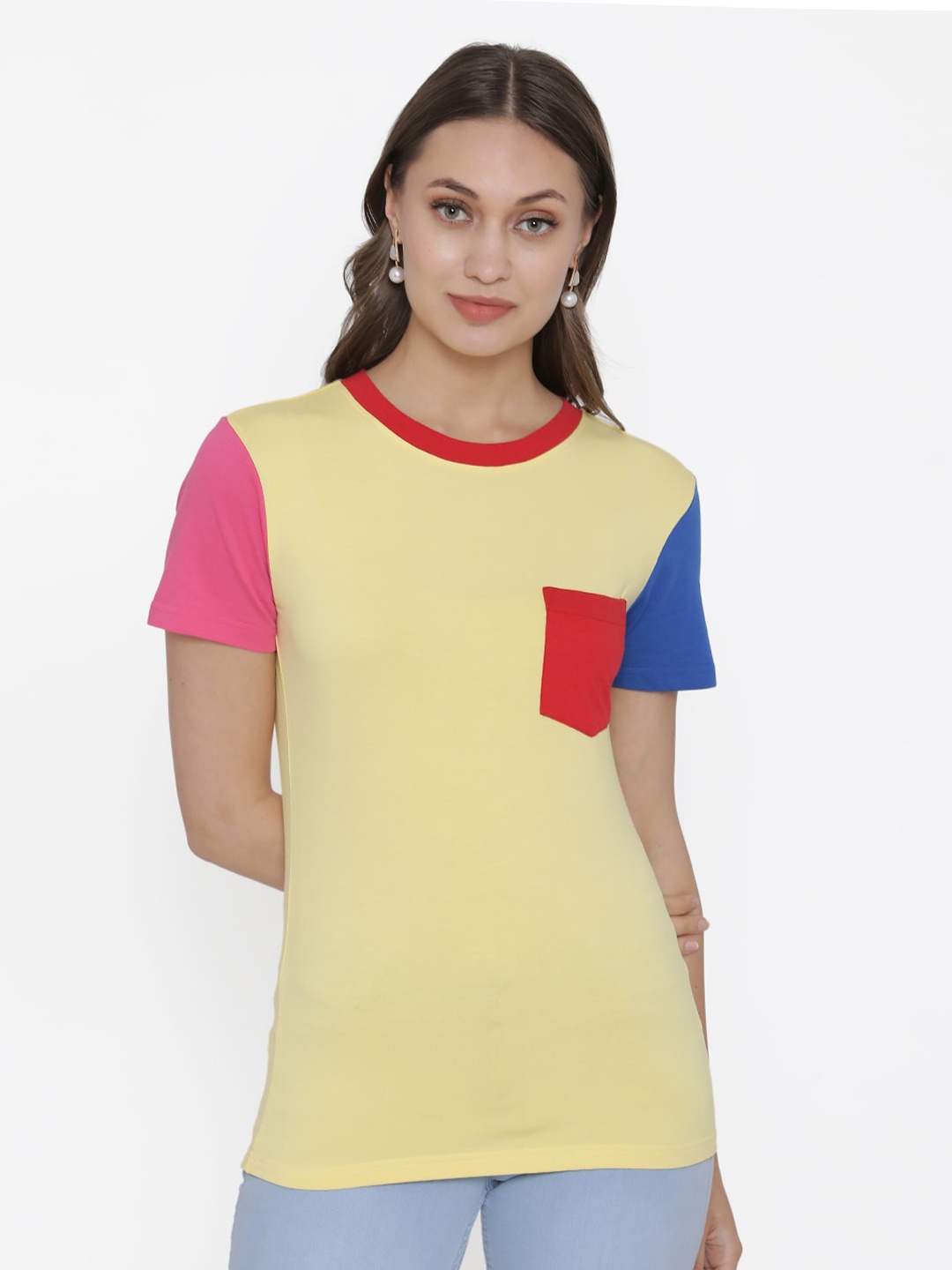 

DOOR74 Women Yellow & Pink Cotton T-shirt