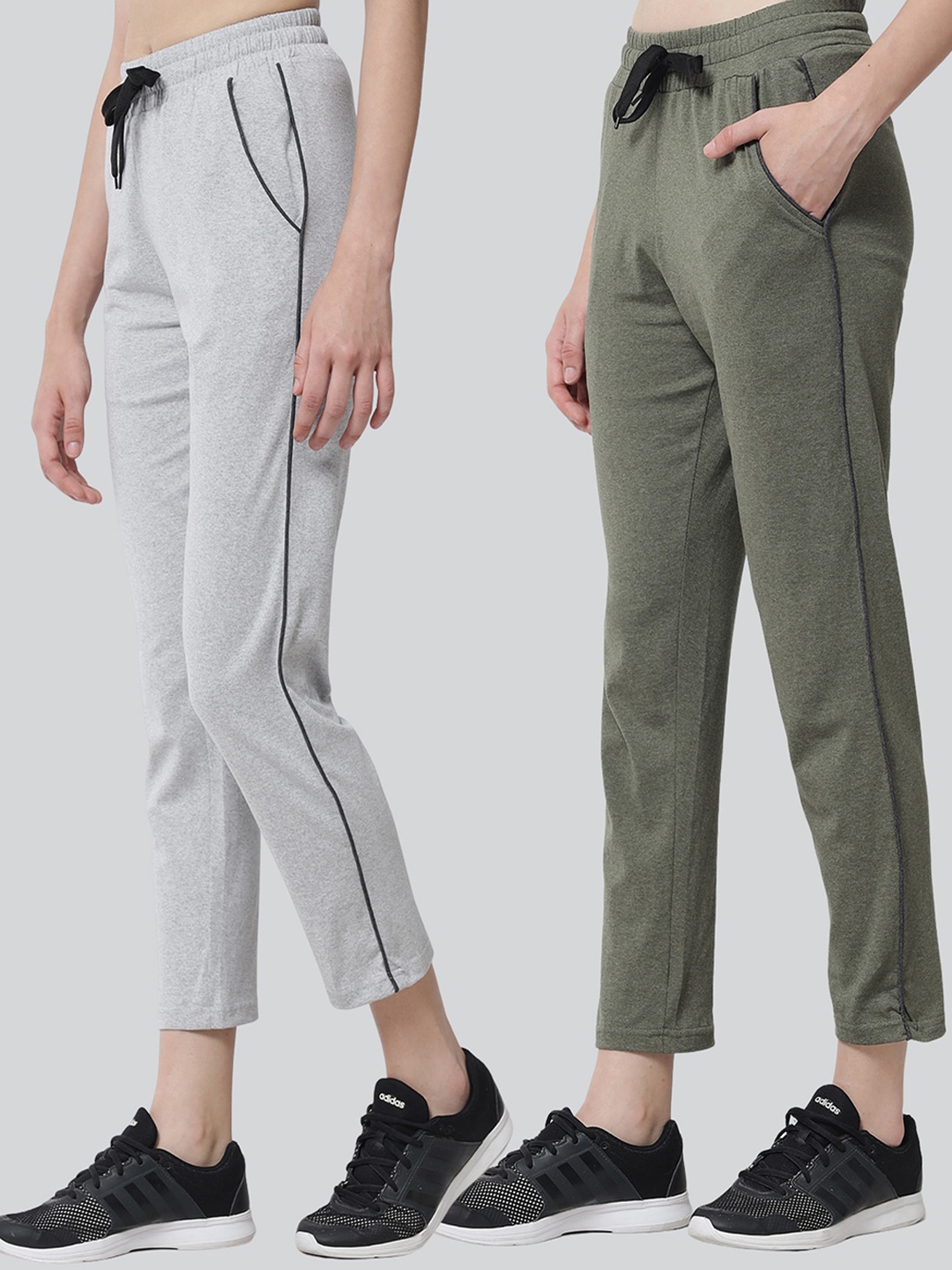 

Q-rious Women Pack Of 2 Grey and Olive Green Pure Cotton Track Pants