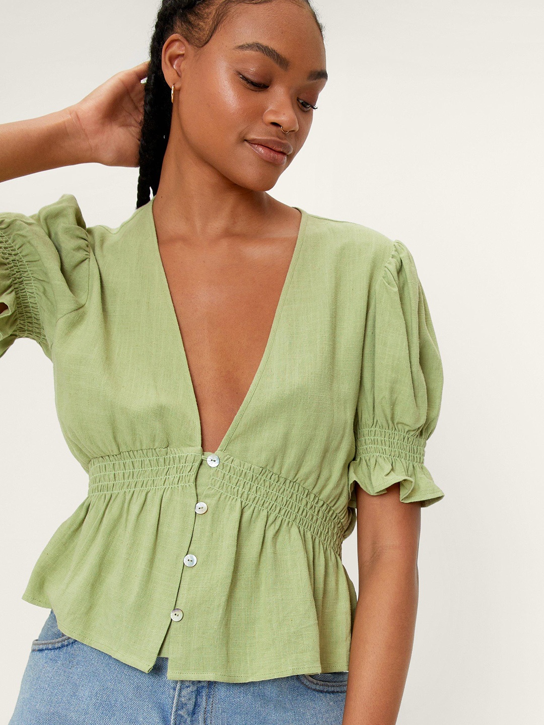 

NASTY GAL Green Solid Viscose Linen Smocked Top