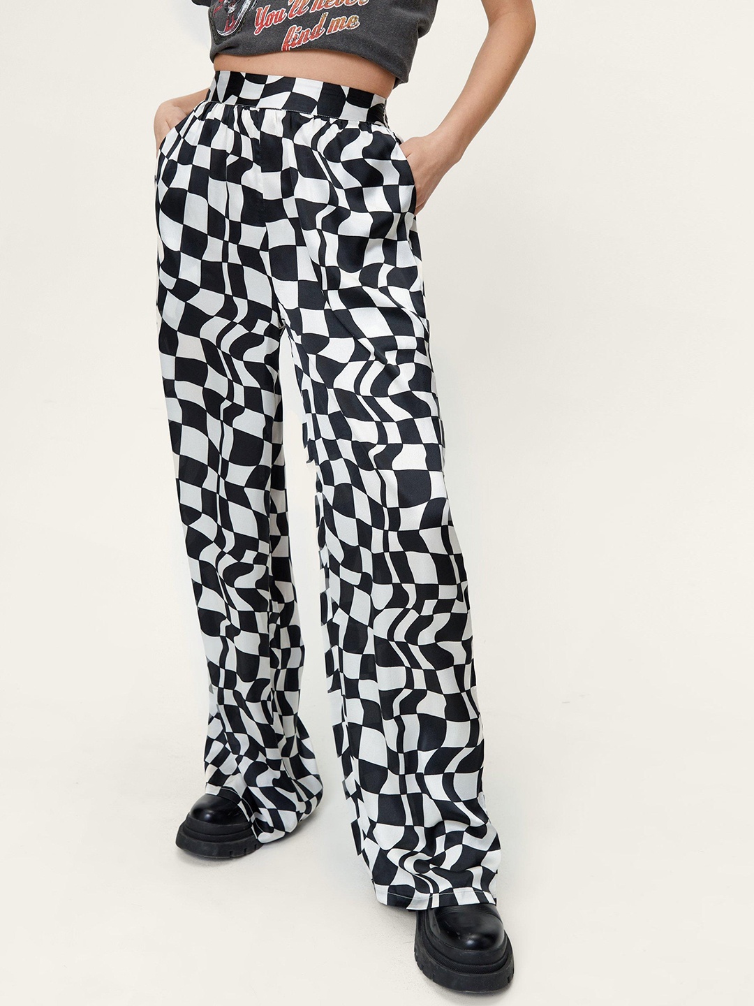 

NASTY GAL Women White & Black Geometric Print Satin Wide Leg Trousers