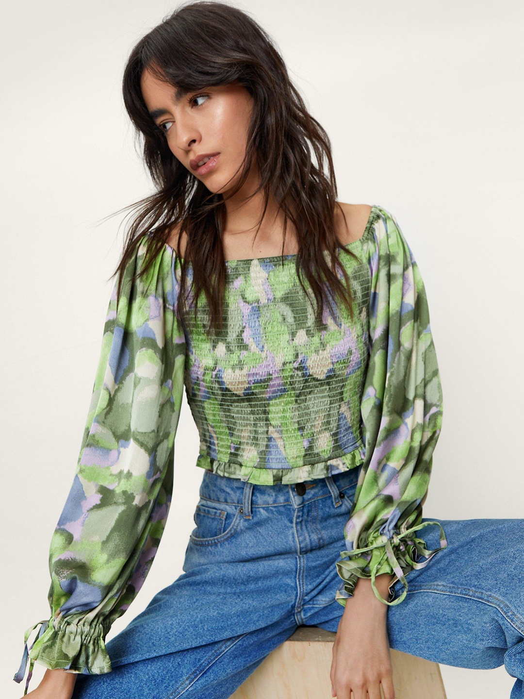 

NASTY GAL Green & Blue Abstract Print Smocked Satin Crop Top