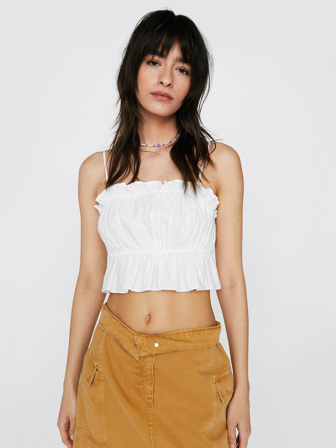 

NASTY GAL White Solid Cotton Linen Crop Cami Top
