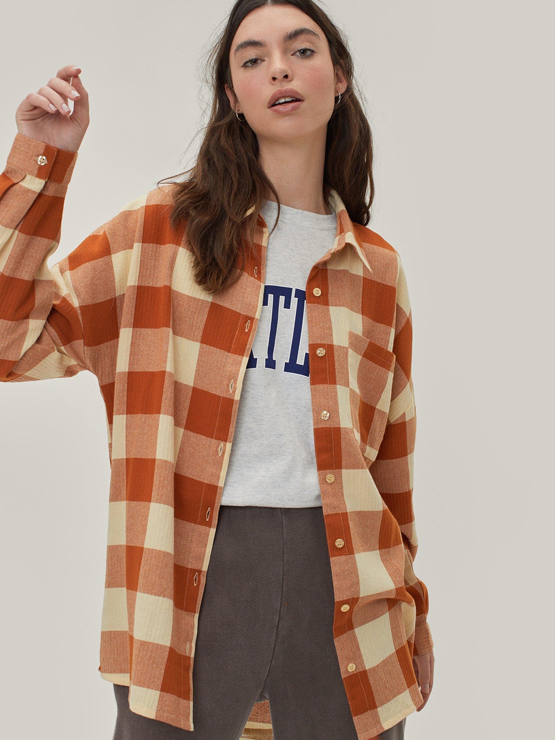 

NASTY GAL Women Cream-Coloured Pure Cotton Buffalo Checked Oversized Casual Shirt