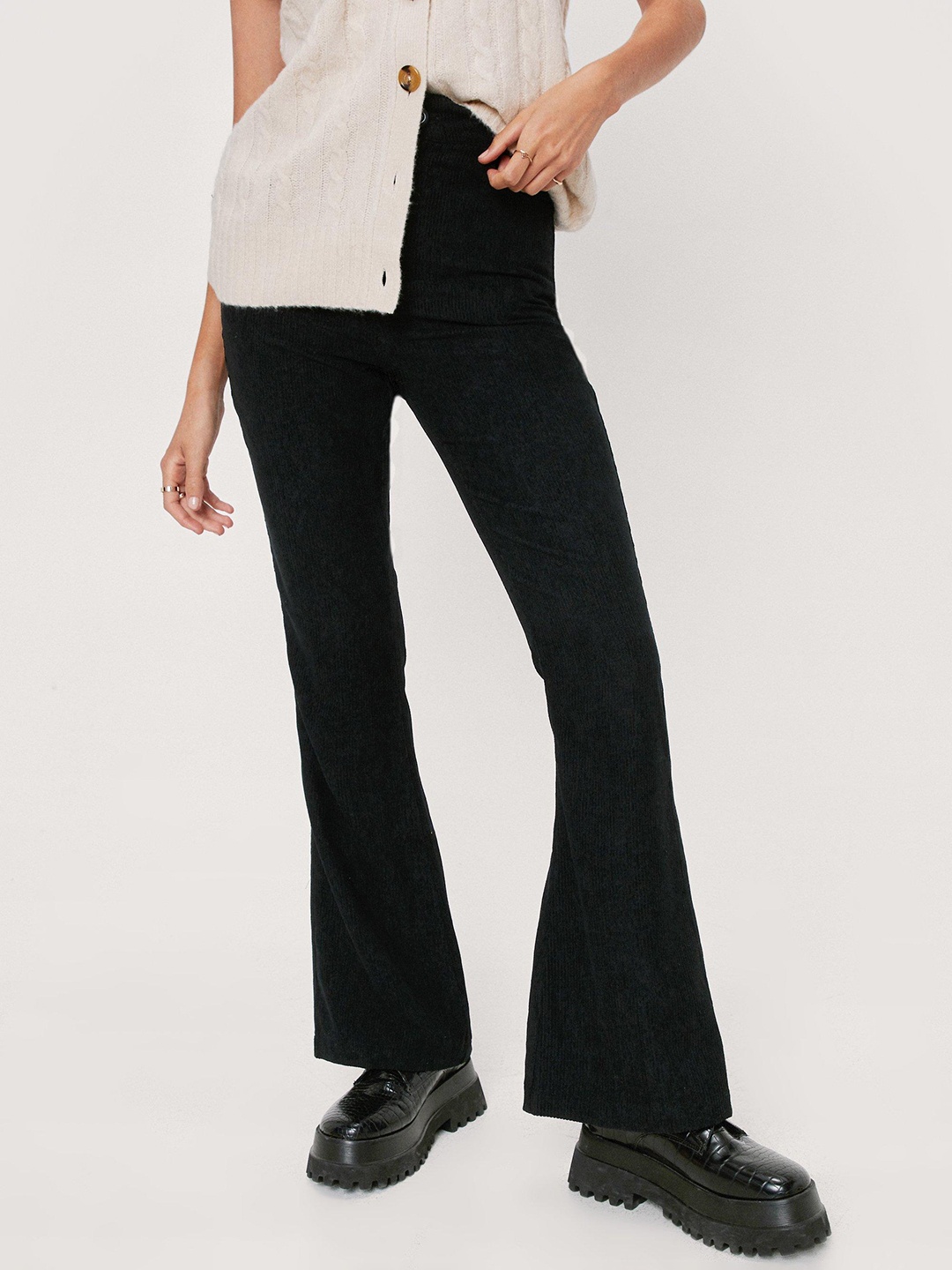 

NASTY GAL Women Black Flared High-Rise Trousers