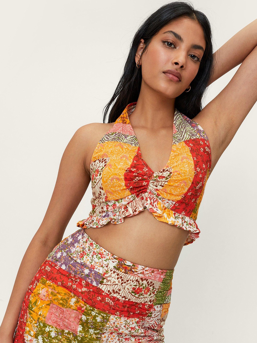 

NASTY GAL Mustard Yellow & Red Pure Cotton Floral Print Ruffles Smocked Crop Top