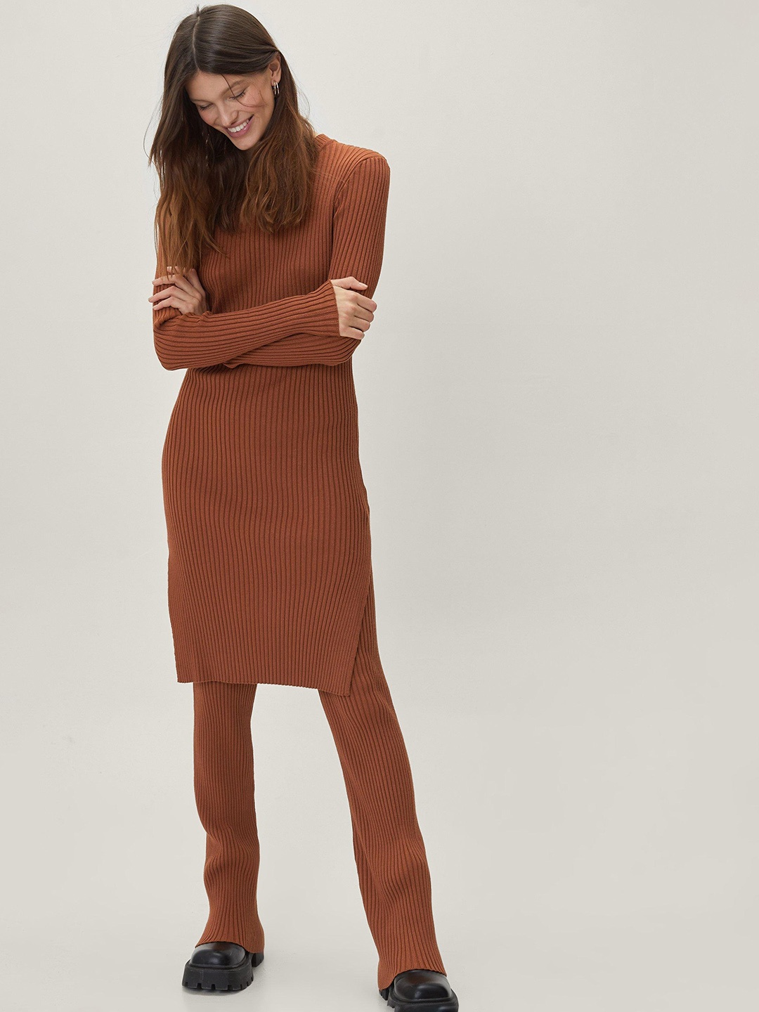 

NASTY GAL Women Brown Ribbed Co-Ords Set