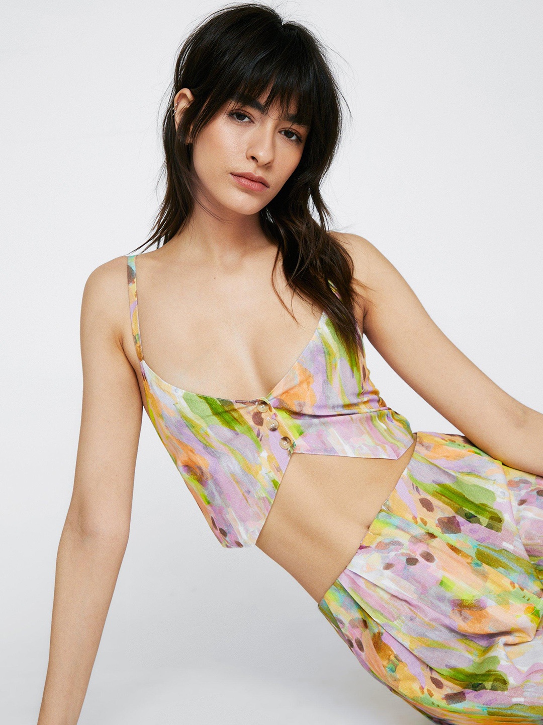 

NASTY GAL Lavender & Green Cotton Linen Abstract Print Crop Top