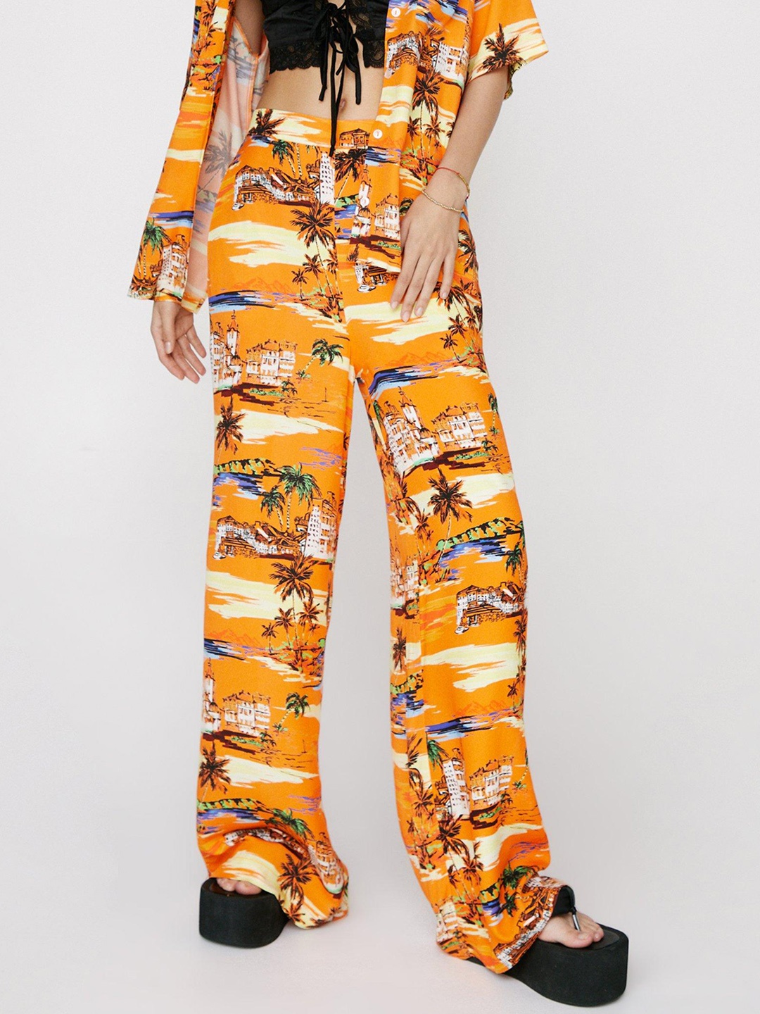 

NASTY GAL Women Orange & Blue Conversational Print Wide Leg Trousers