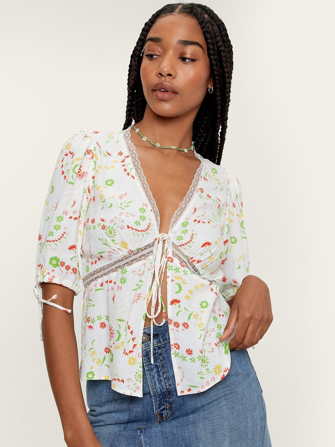 

NASTY GAL White & Green Floral Print Top