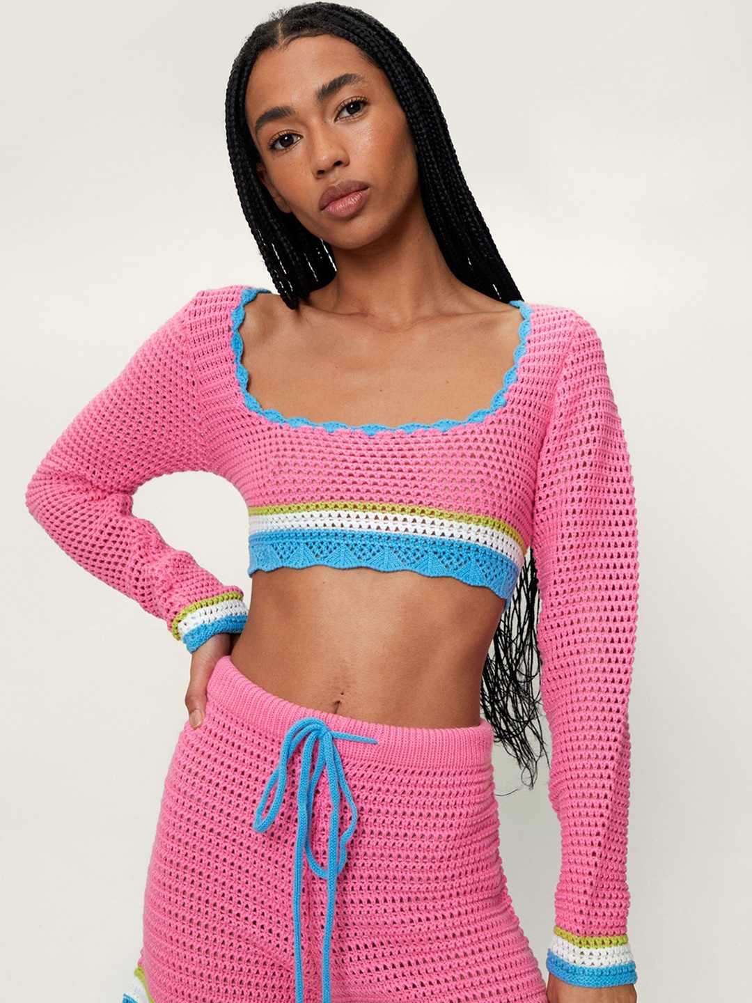 

NASTY GAL Pink & Blue Pure Cotton Solid Crochet Crop Top