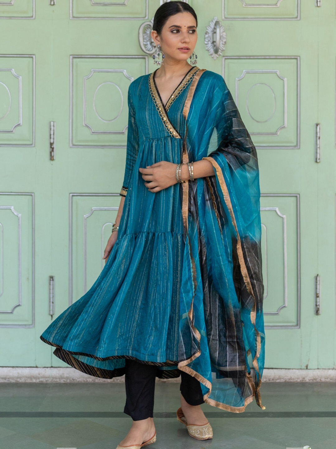 

MYAARA Women Teal Embroidered Angrakha Kurta with Trousers & With Dupatta