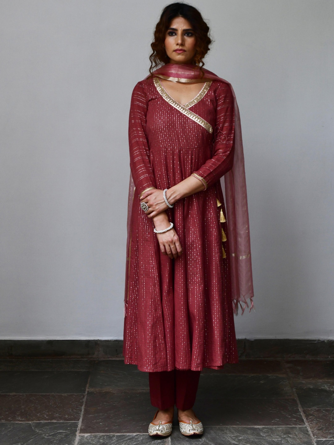 

MYAARA Women Brown Angrakha Gotta Patti Kurta with Trousers & With Dupatta
