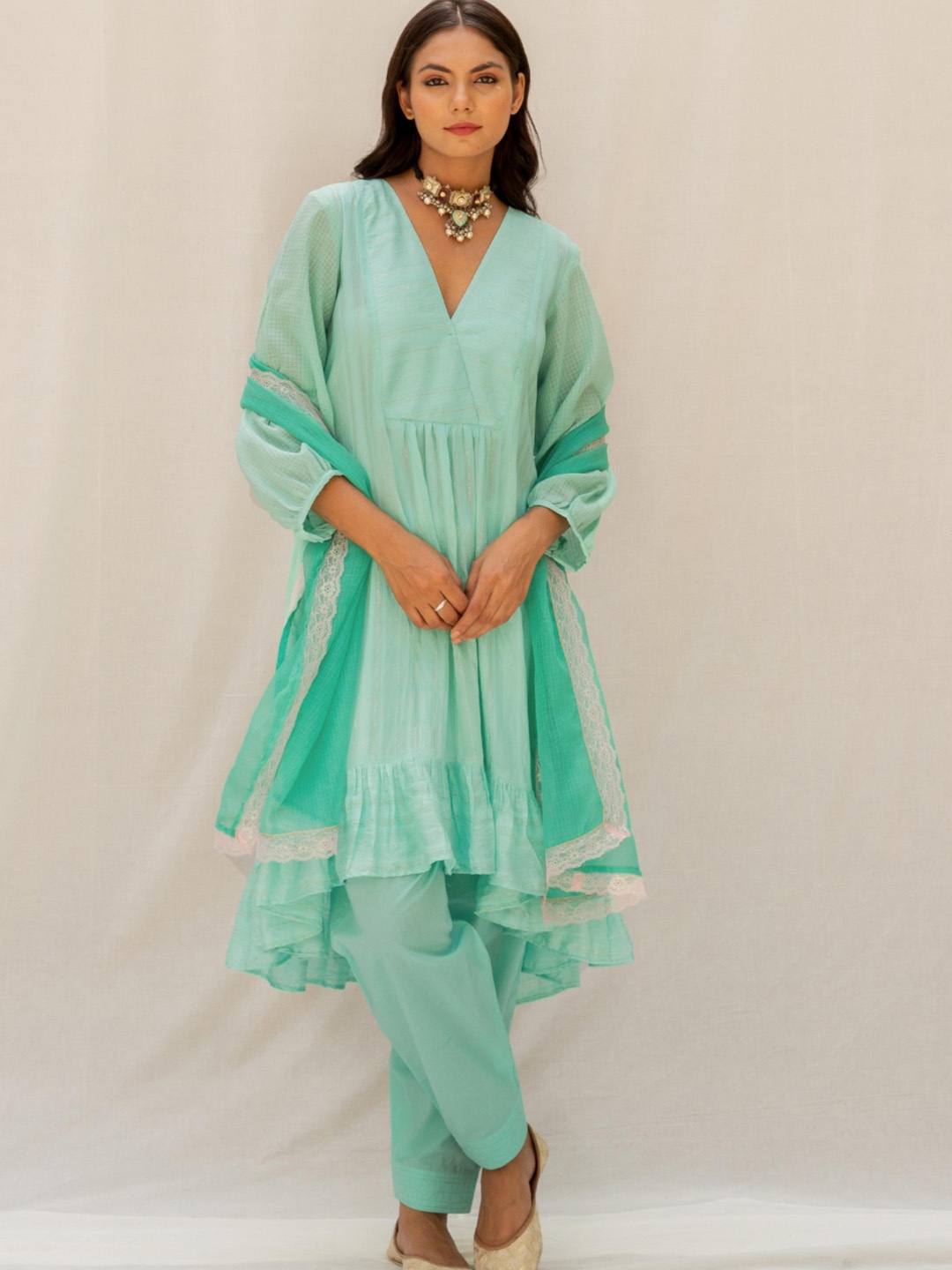 

MYAARA Women Green Tiered Chanderi Cotton Kurta with Salwar & With Dupatta