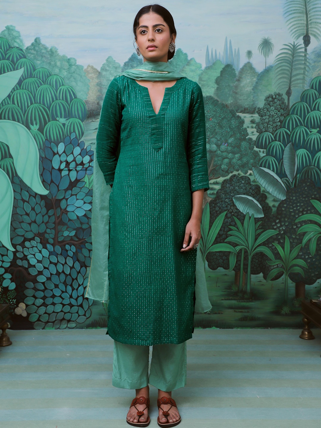 

MYAARA Women Green Kurta with Trousers & With Dupatta