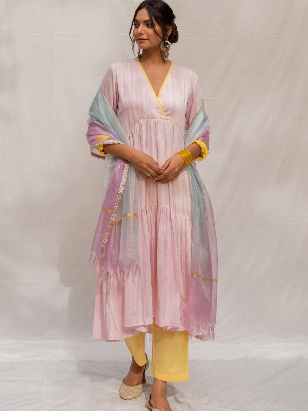 

MYAARA Women Pink Angrakha Gotta Patti Kurta with Trousers & With Dupatta