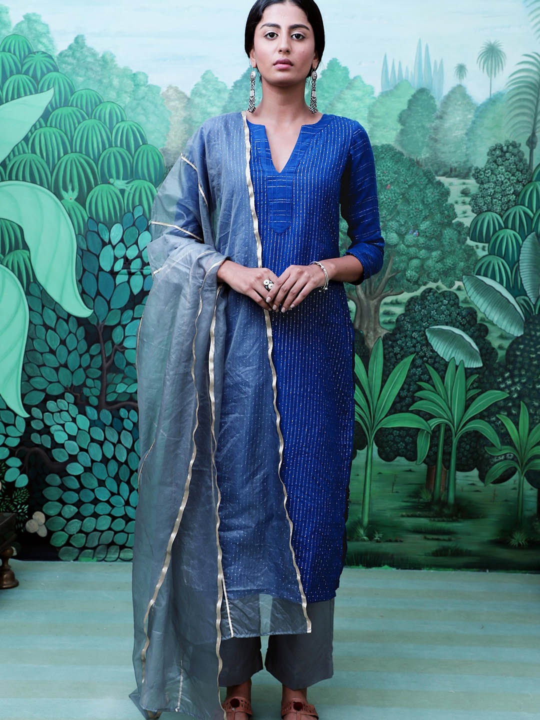 

MYAARA Women Blue Mukaish Kurta with Trousers & With Dupatta