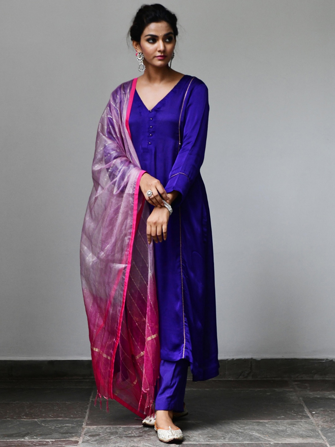 

MYAARA Women Navy Blue Empire Kurta with Trousers & With Dupatta