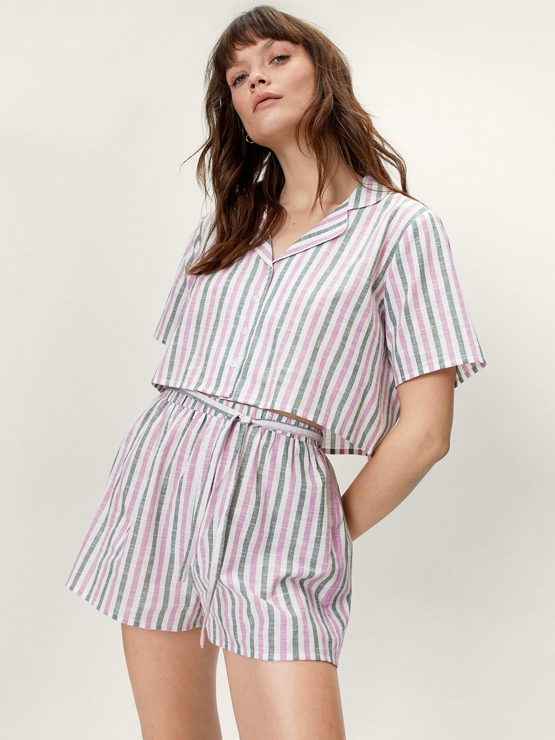 

NASTY GAL Women White & Lavender Pure Cotton Striped Shorts Set