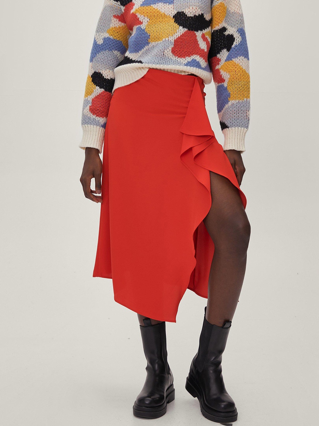 

NASTY GAL Women Red Solid Ruffle A-Line Skirt