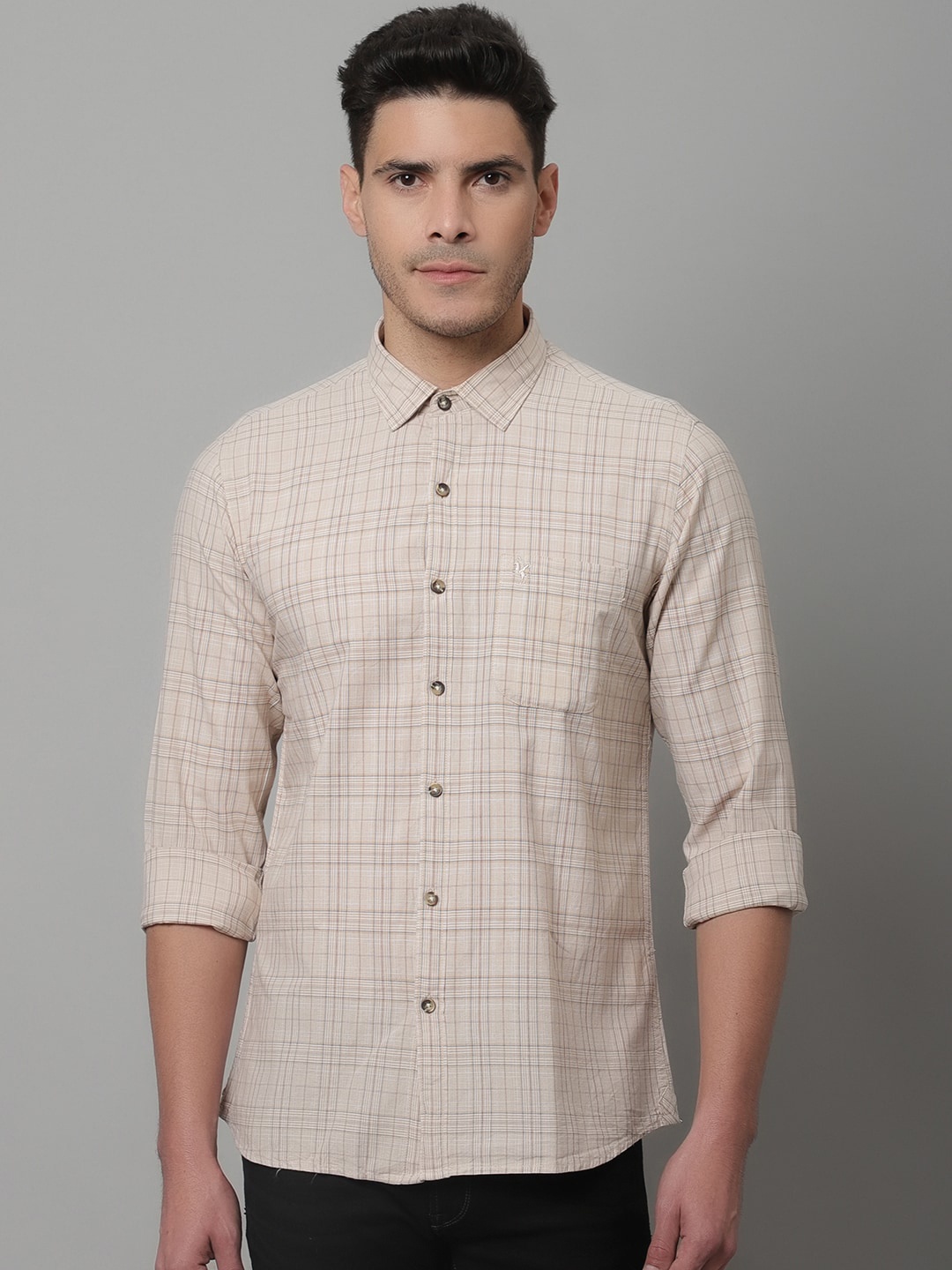 

Cantabil Men Beige Comfort Grid Tattersall Checks Casual Cotton Shirt