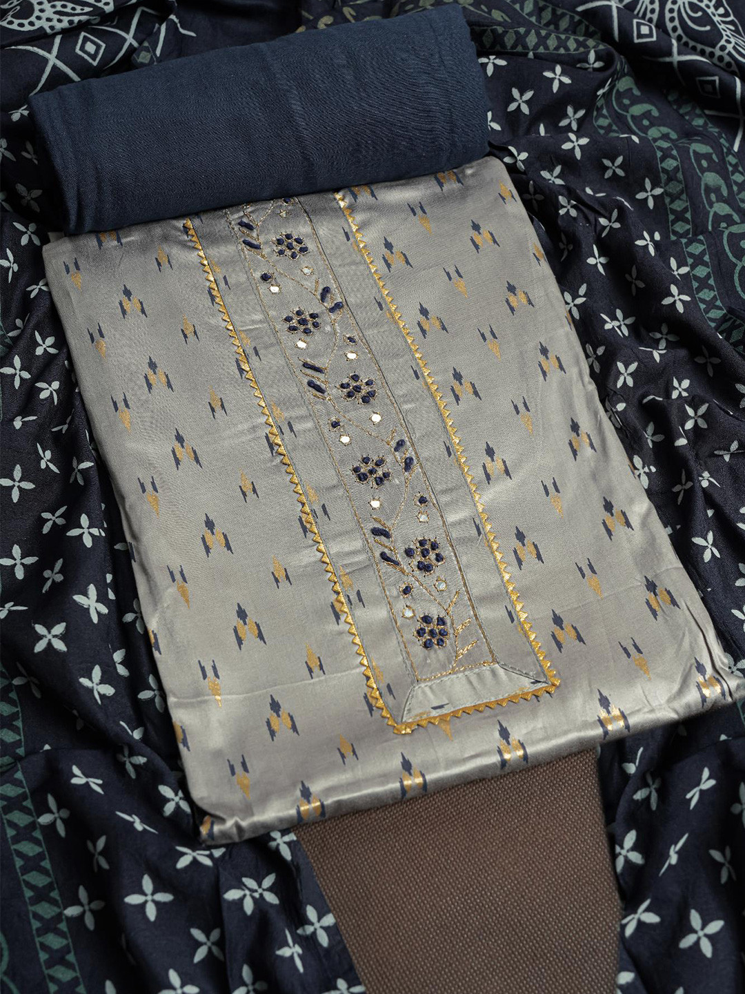 

Kalamandir Grey & Navy Blue Printed Unstitched Dress Material