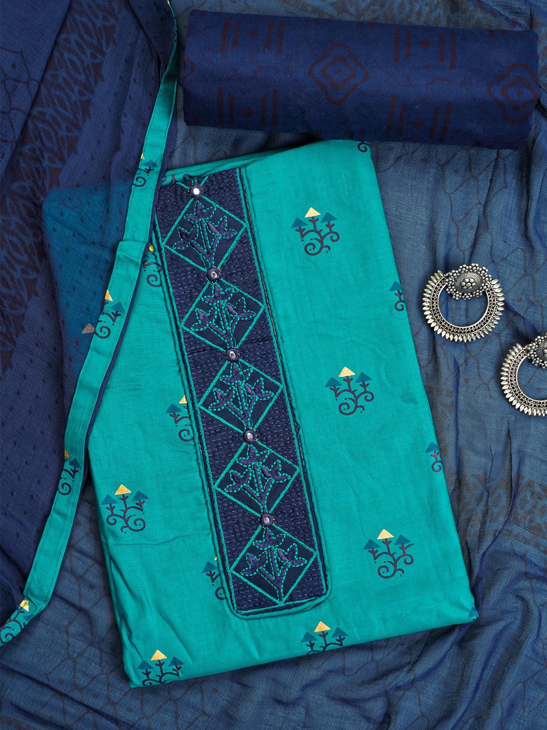 

Kalamandir Blue & Green Printed Pure Cotton Unstitched Dress Material