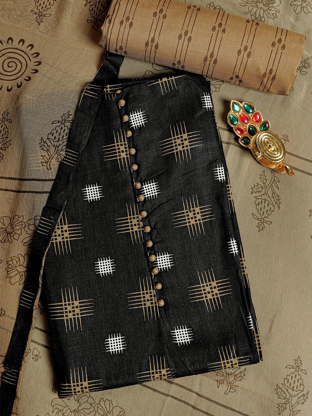 

Kalamandir Black & Beige Printed Pure Cotton Unstitched Dress Material